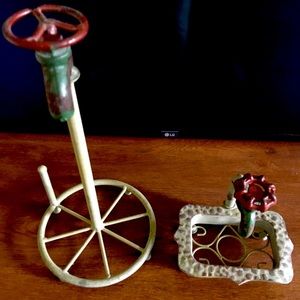 Vintage faucet soap holder and paper towel holder.